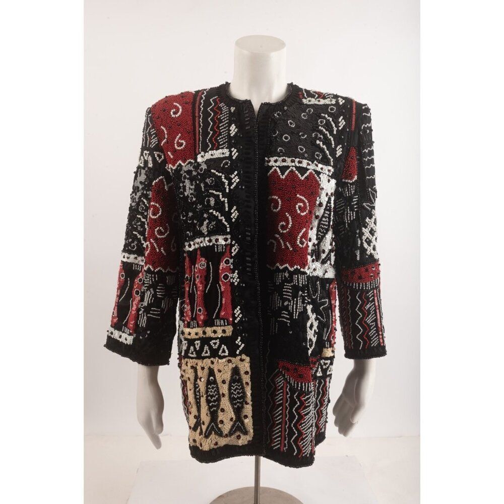 Oleg Cassini Black Tie Womens Beaded Open Jacket M Medium Red Black Vintage